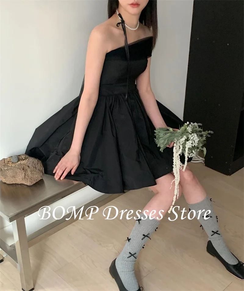 BOMP-Mini vestidos de fiesta negros simples con Bolero de tul, tafetán sin tirantes, sesión de fotos de boda de Corea, vestido con corsé en la espalda personalizado