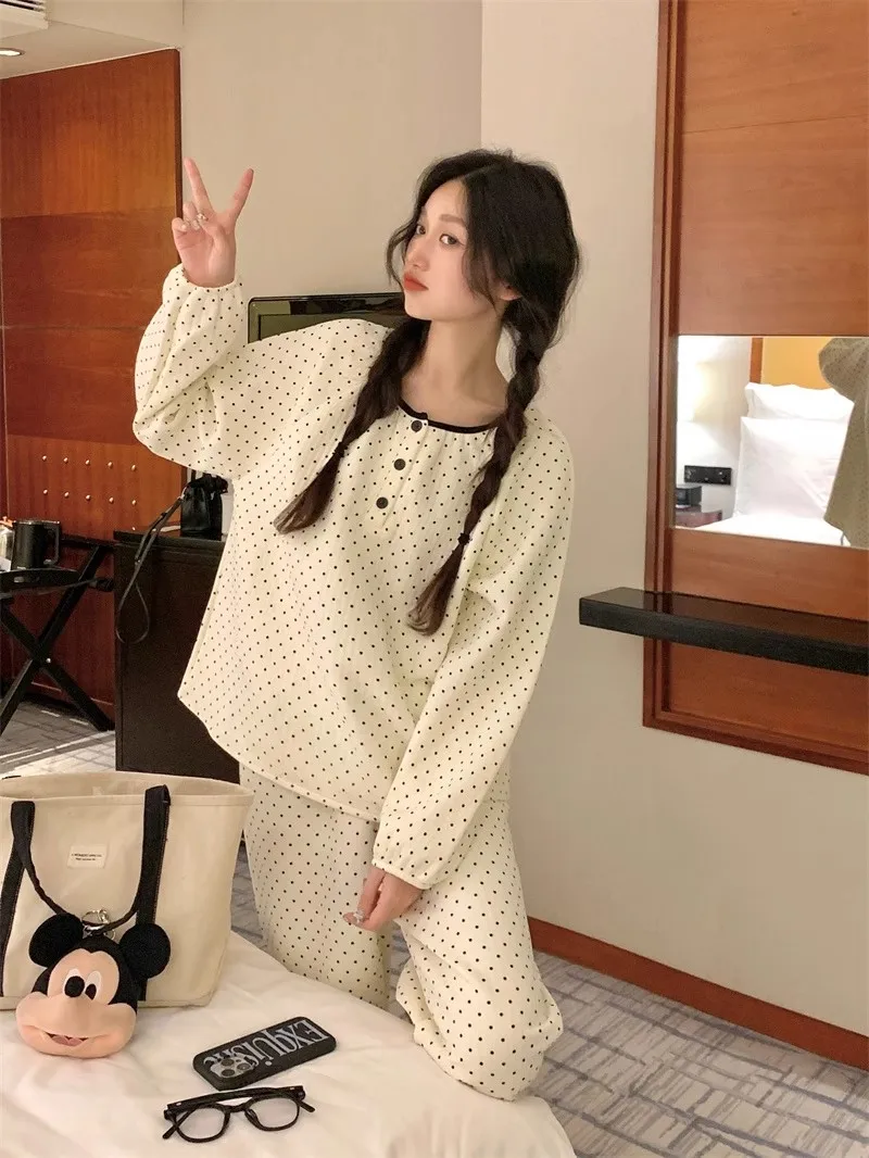 Set piyama untuk wanita, piyama desain polkadot gaya Korea, pakaian tidur musim gugur, piyama kasual manis, piyama muda untuk siswa