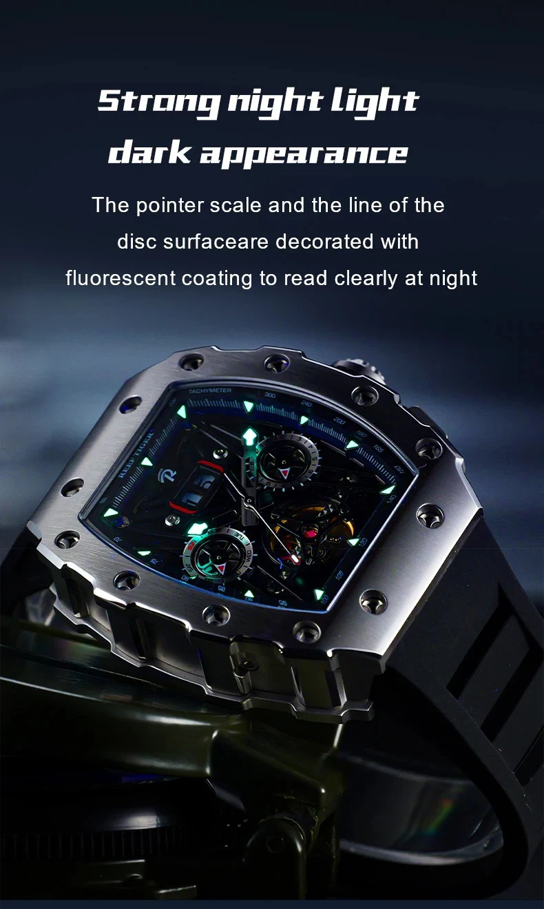 ريف النمر الرجال ساعة أوتوماتيكية 42.5 مللي متر الفاخرة الميكانيكية ساعة اليد تونيو مضيئة مقاوم للماء الهيكل العظمي الهاتفي شهر أسبوع التاريخ