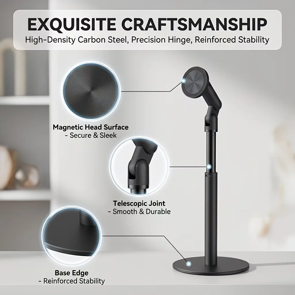 

360° Rotatable Magnetic Phone Stand, Adjustable Height Desktop Phone Holder, Carbon Steel Tablet Stand with Strong Magnet, Hands