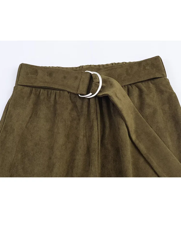 HH النساء السراويل الصلبة دعوى فضفاضة سستة مطوي كم طويل س الرقبة البلوز أعلى + حزام الخريف تزيين جيب بالون نسخة السراويل #5