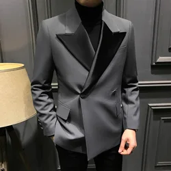 161 Traje de un solo pecho con bloques de color gris para hombre, elegante traje de negocios, chaqueta, traje de novio