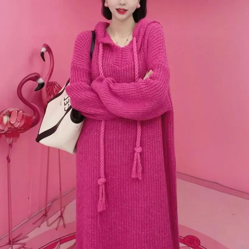 

Autumn-winter V-neck Hooded Cashmere Sweater Dress Women's Over The Knee Mid-length Loose Lazy Woolen Hoodie Dress CQ291