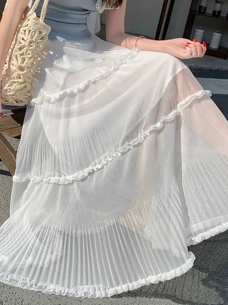 

Корейская женская юбка-полусолнце для весны и лета, модная, с плиссировкой из тюля, с высокой талией, на резинке, А-силуэт