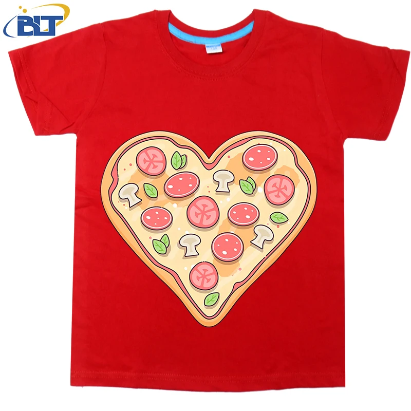 Camiseta infantil de manga curta estampada para pizza, tops de algodão infantil, roupas casuais para meninos e meninas, verão