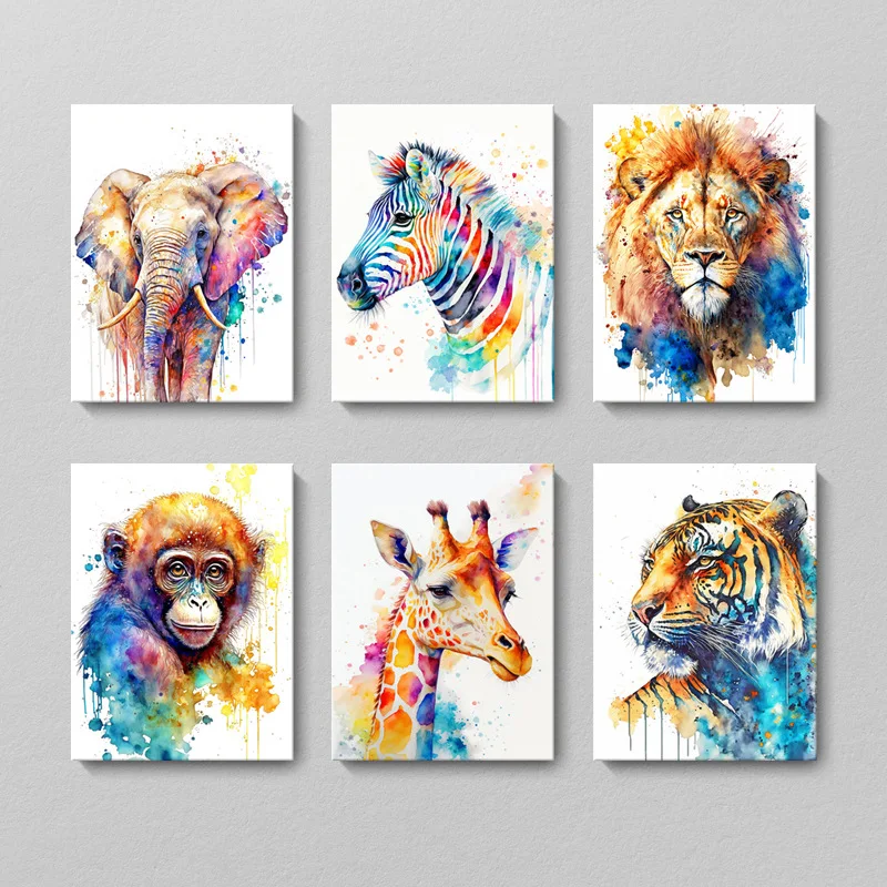 Graffiti watercolor animals zebra lion elephant children's room canvas paintng modern simple study decorative painting
