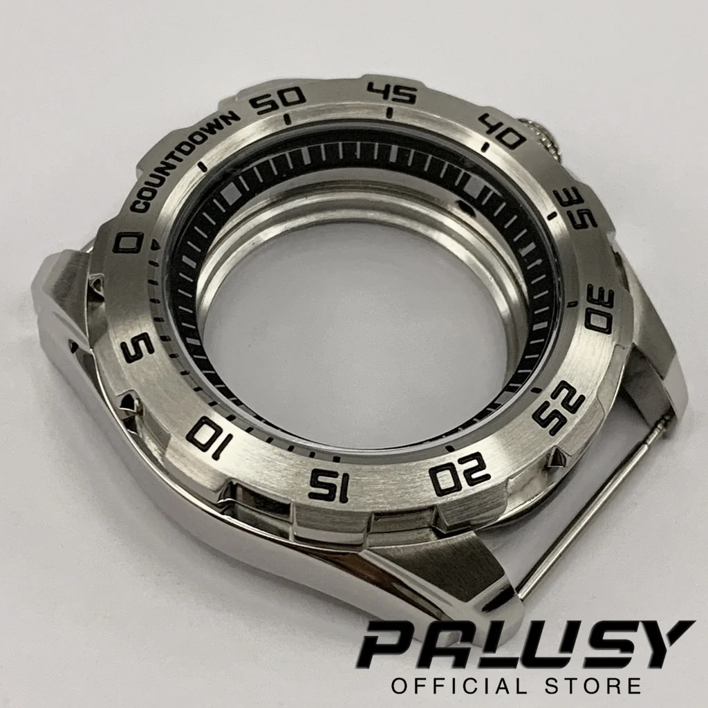 44mm Silver Fashion Countdown Stainless Steel Watch Case Fit NH35 NH36 4R35 4R36 NH34 Movement Black Ring