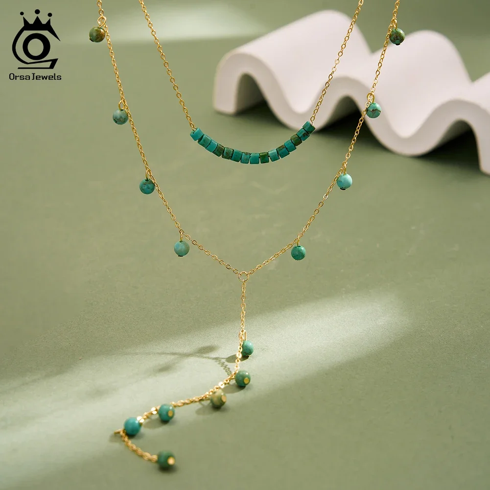 

ORSA JEWELS Elegant 925 Sterling Silver Natural Turquoise Chain Necklace for Women Summer Sexy Layered Gemstone Jewelry BQN32