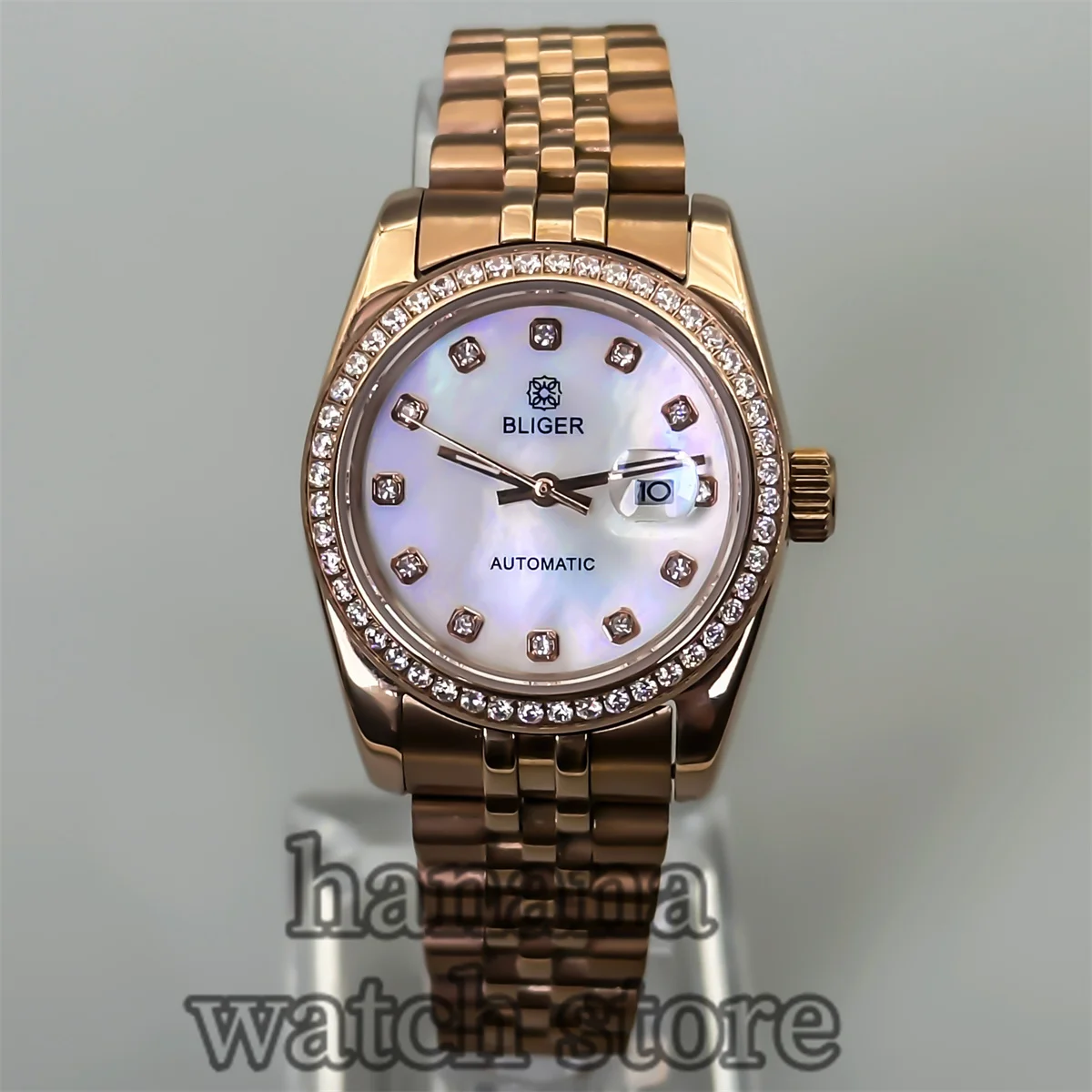 

BLIGER 31mm NH05A Rose Gold Women's Automatic Watch Diamond Glass bezel Sapphire Glass shell White dial stainless steel bracelet
