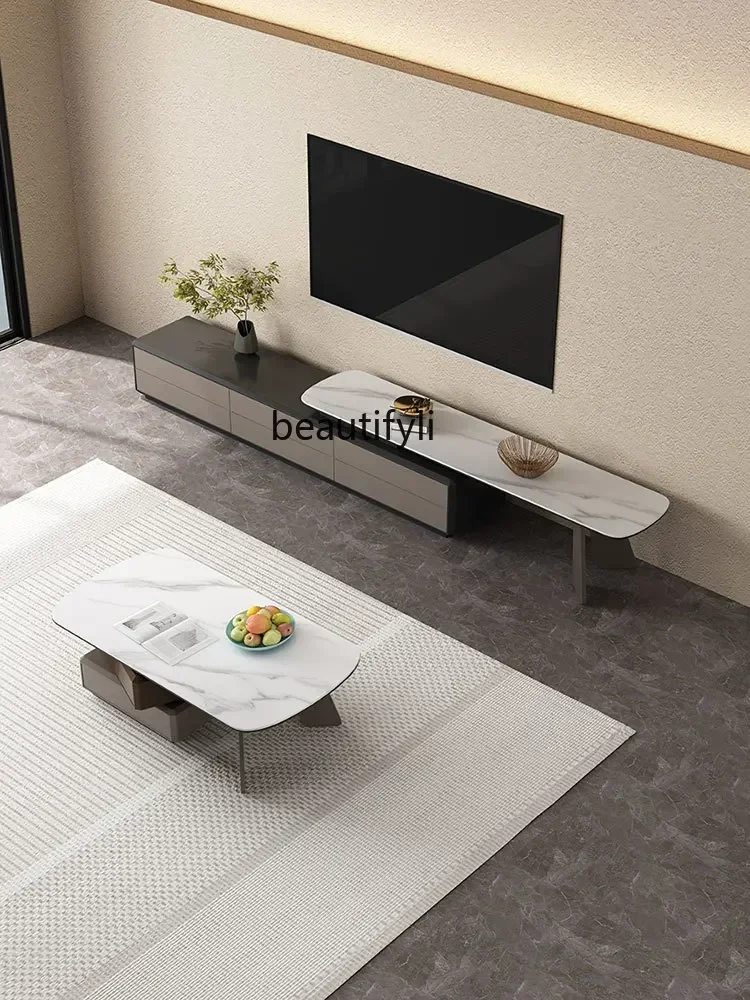 

smt03 Italian Minimalist Square Rotating Coffee Table Stone Plate Retractable Floor Cabinet Living Room Home Small Apartment