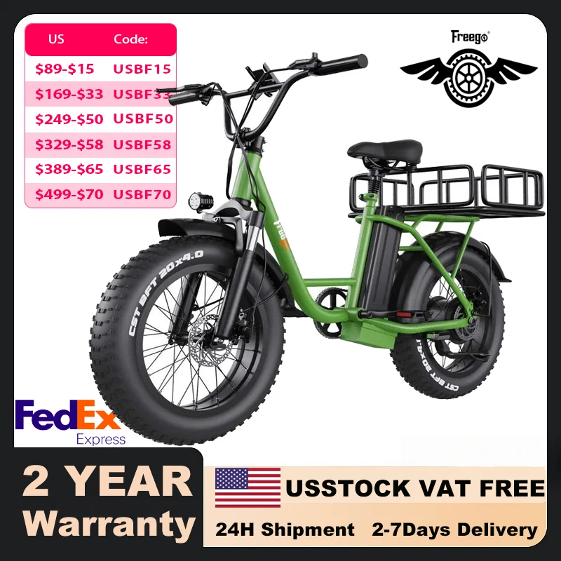 

Freego Electric Dirt Bike 20 x 4 Fat Tire Electric Bicycle 48V 25AH Removable Battery with Front and Rear Cargo Rack 2 Seater