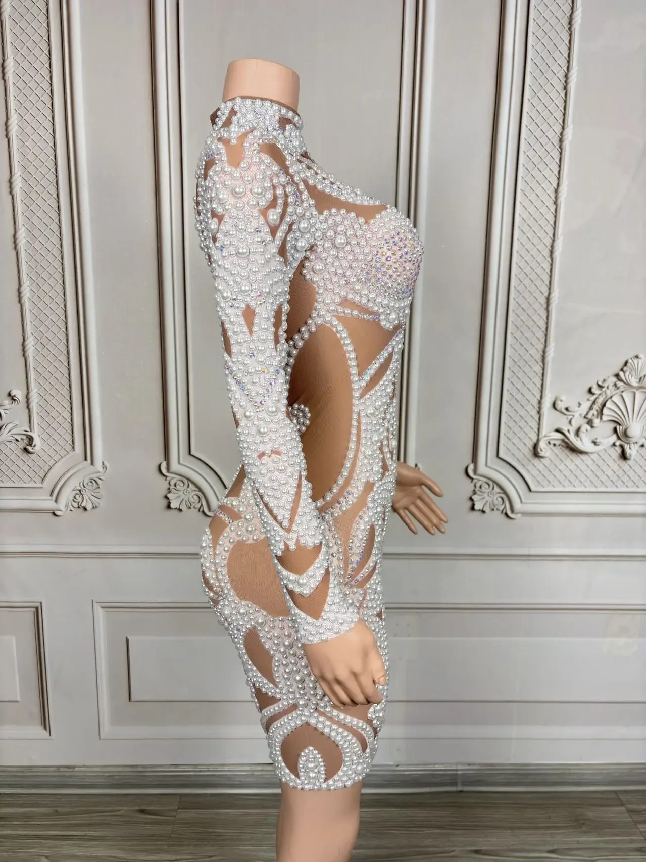 Perlenkleid Strass Perlen Dark Mesh Transparentes Kleid Abend Geburtstag Feiern Kleid Party Tanz Performance Kostüm