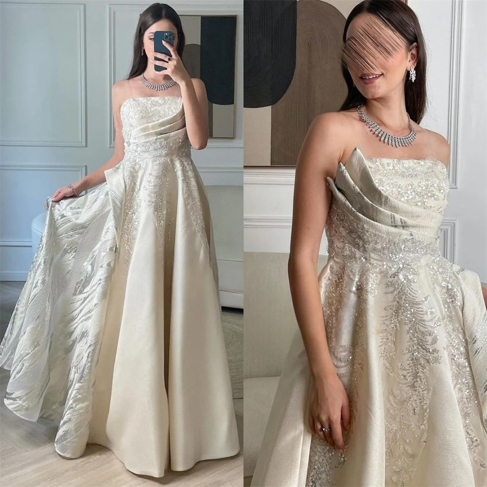 

Customized Satin Sequined Beading Applique Ruched Clubbing A-line Strapless Bespoke Occasion Gown Long Dresses