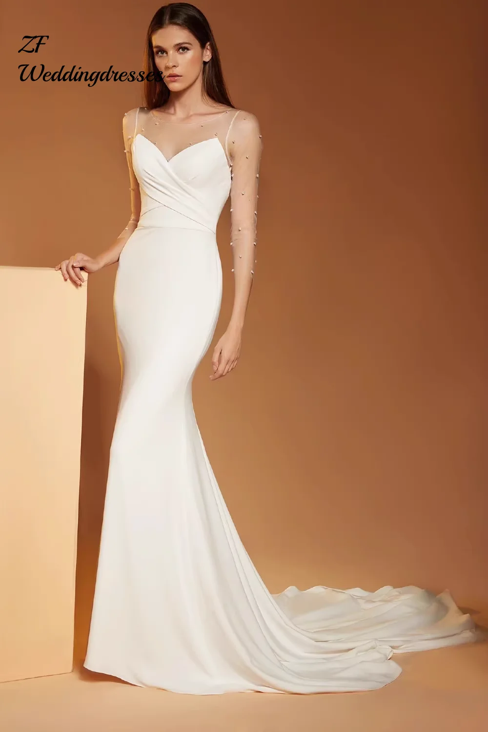 فستان زفاف فاخر مخصص من الساتان الخفيف، طراز جديد للعرائس، ريترو، تنحيف، ذيل سمكة لؤلؤي بسيط وفائق الجنية