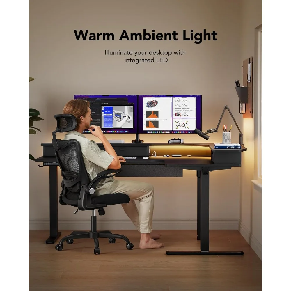 مكتب قائم على شكل حرف L مقاس 65 بوصة مع منافذ طاقة وشريط LED، مكتب كمبيوتر زاوية قابل للتعديل بارتفاع كهربائي،