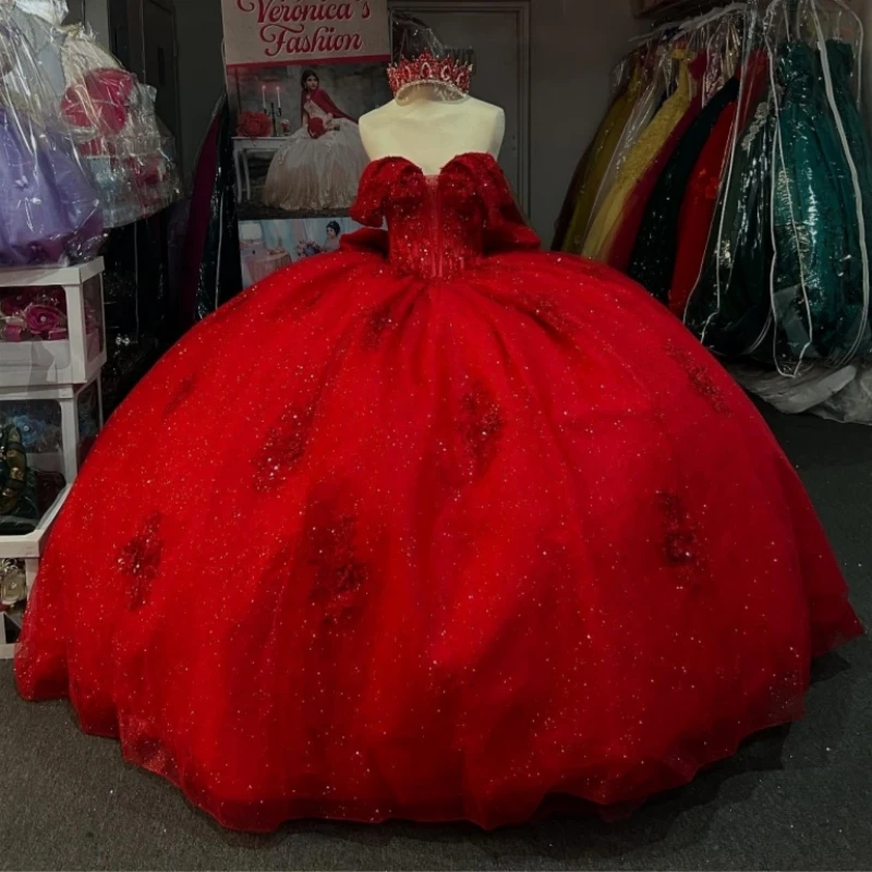 

Red Shiny Quinceanera Dresses Ball Gown Off The Shoulder Applique Lace Beading Crystal Bow Tull Corset Party Vestidos 15 Anos