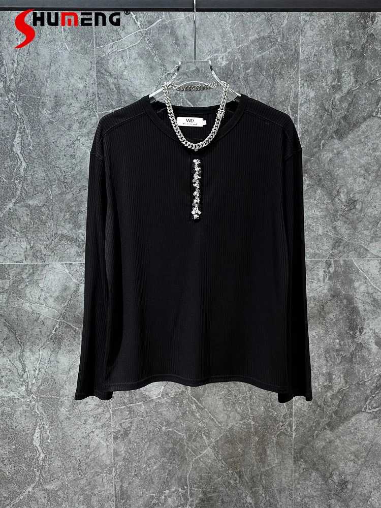 

Men's 2025 Autumn New Long Sleeve Solid Color T-Shirts Fashion Sequin Striped Comfort Loose Tees Trend Versatile Breathable Tops