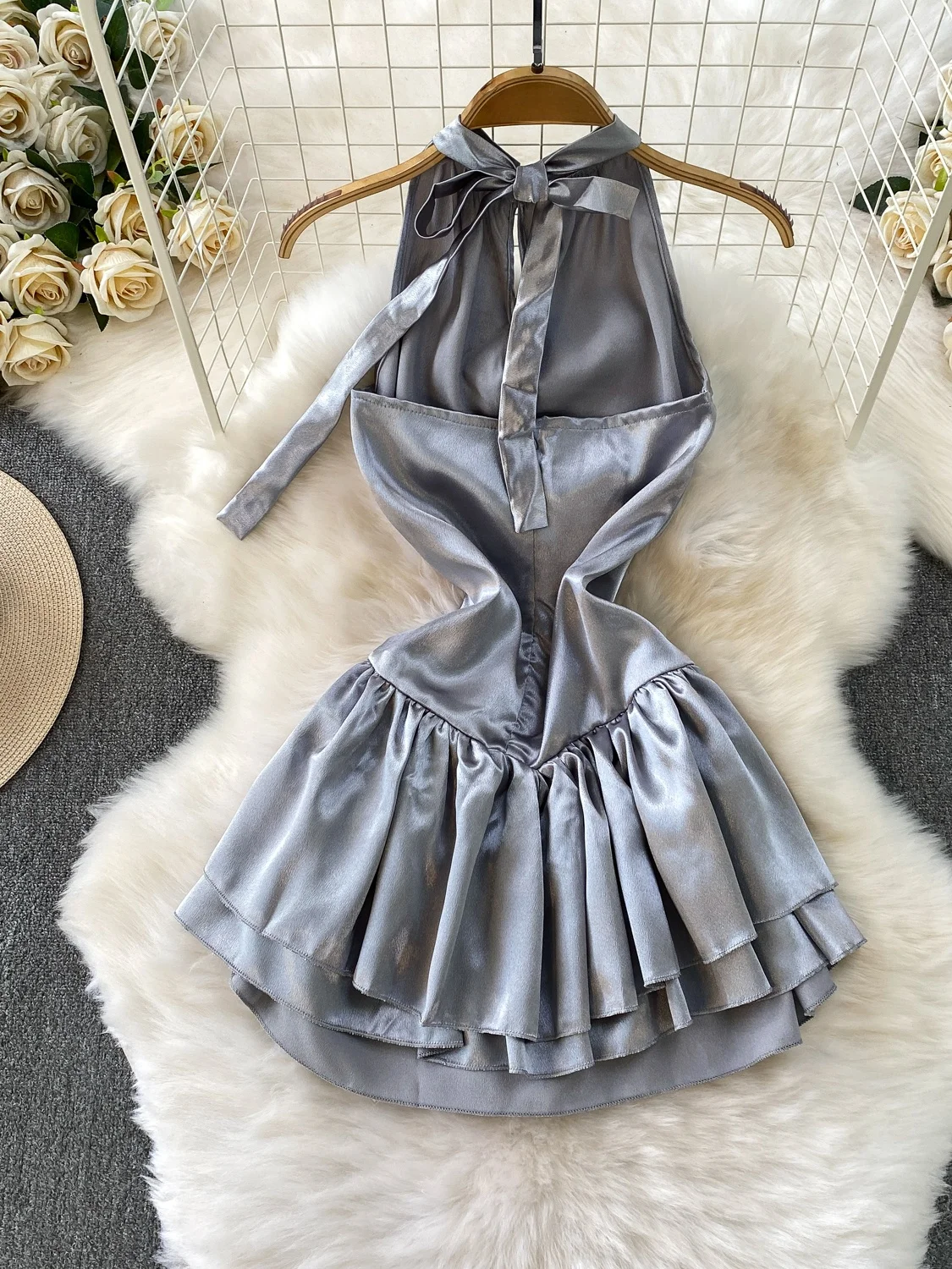 Ele Beaded Satin ort Dr con design Ne Hanging e gonna svasata per donna estiva snellente a vita alta