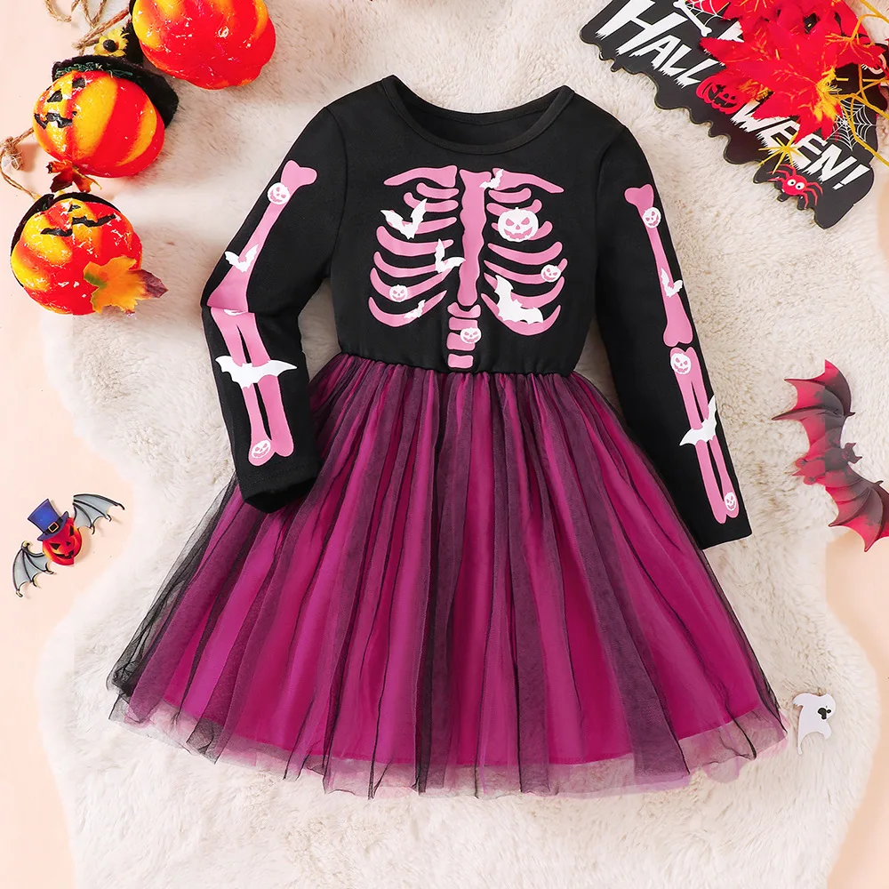 2026 Mädchen-Halloween-Kleid Herbst-Winter-Outfits Gestricktes Rundhals-Langarmkleid mit Rüschen für Partys und Versammlungen Kinderkostüm – Detail 3