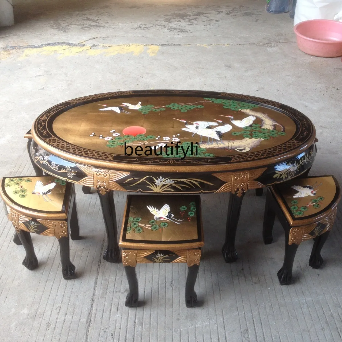 Chinese Style Tea Table Lacquerware Furniture Shell Bone Stone Inlaid Tea Table Living Room Gold Foil Mother-of-Pearl Craft