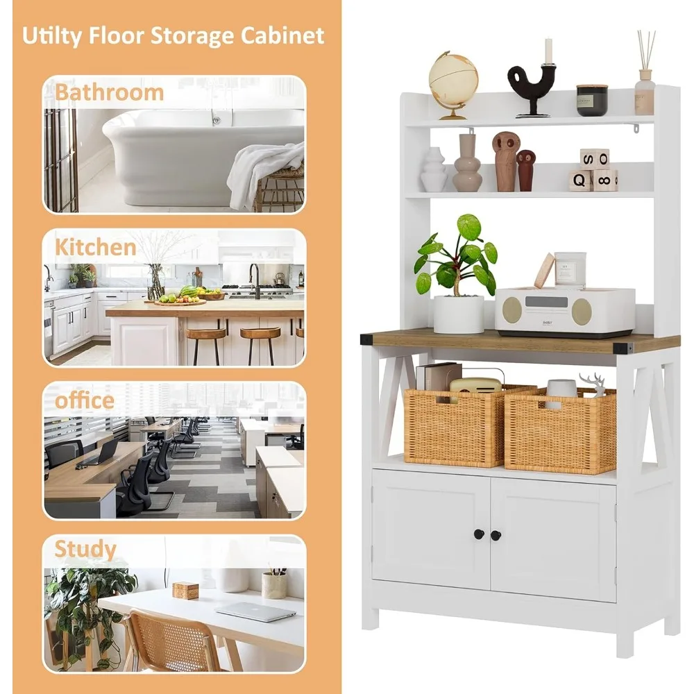 5-Tier Freestanding Kitchen Storage Cabinet with Farmhouse Style and Thickened Doors for Microwave Stand and Bakers Rack