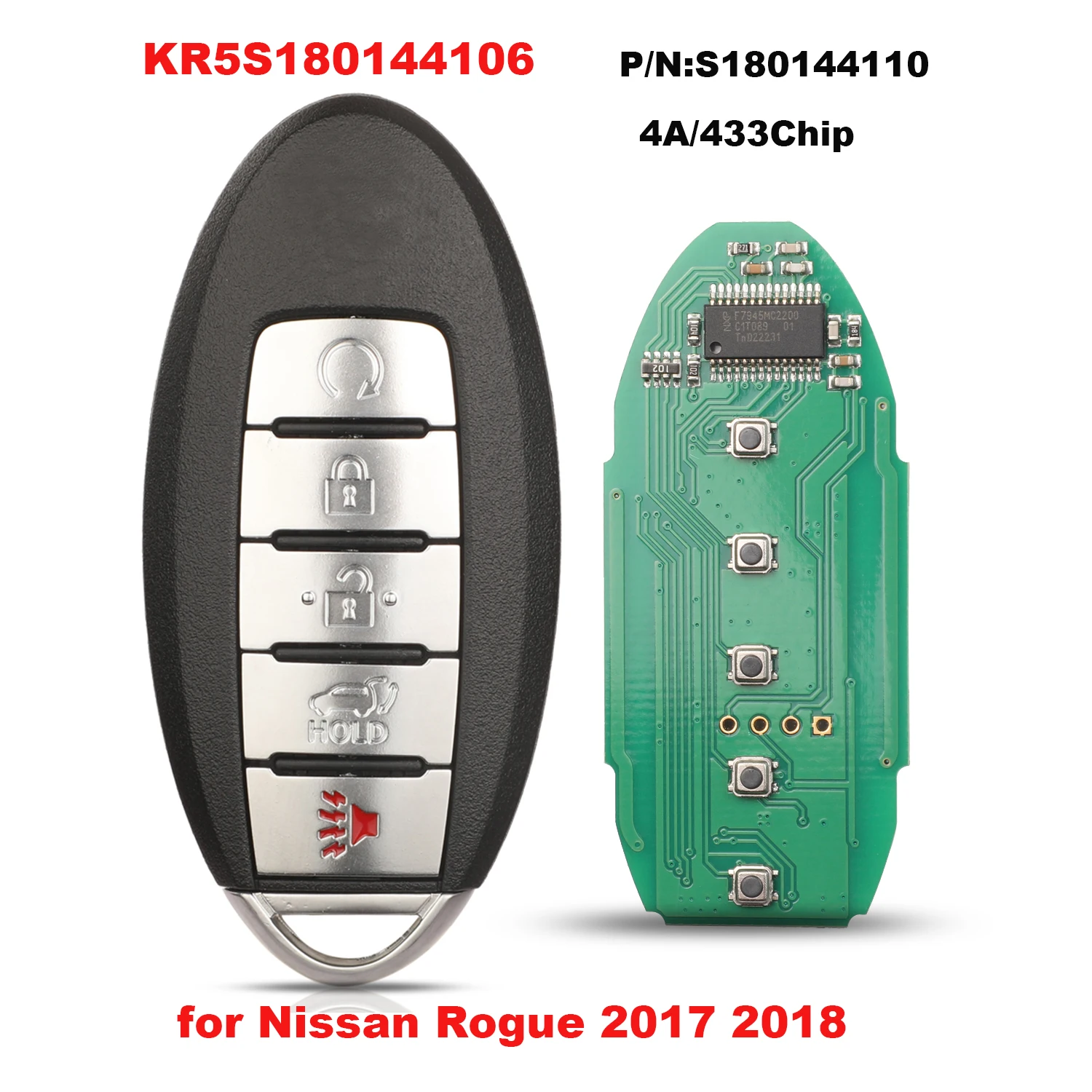 jingyuqin KR5S 180144106   S 180144110   Dla Nissan Rogue 2017 2018 4AChip 433Mhz zdalny kluczyk samochodowy Keyless Go Smart 5 BUTTONS