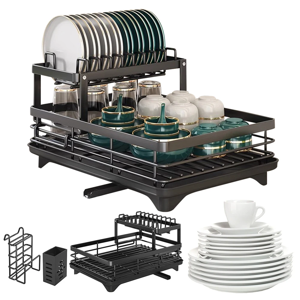 مجفف أطباق قابل للتعديل ، رف تجفيف ، منظم أطباق المطبخ مع لوح تصريف ، عقد تخزين أدوات المائدة على المنضدة #6