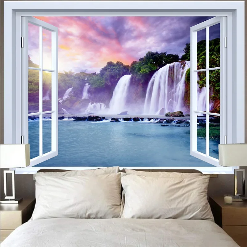 Window Tapestry 3D Mountain Lake Sunset Wave Landscape Garden Poster Outdoor Large Family Room Decoration Wall Hanging