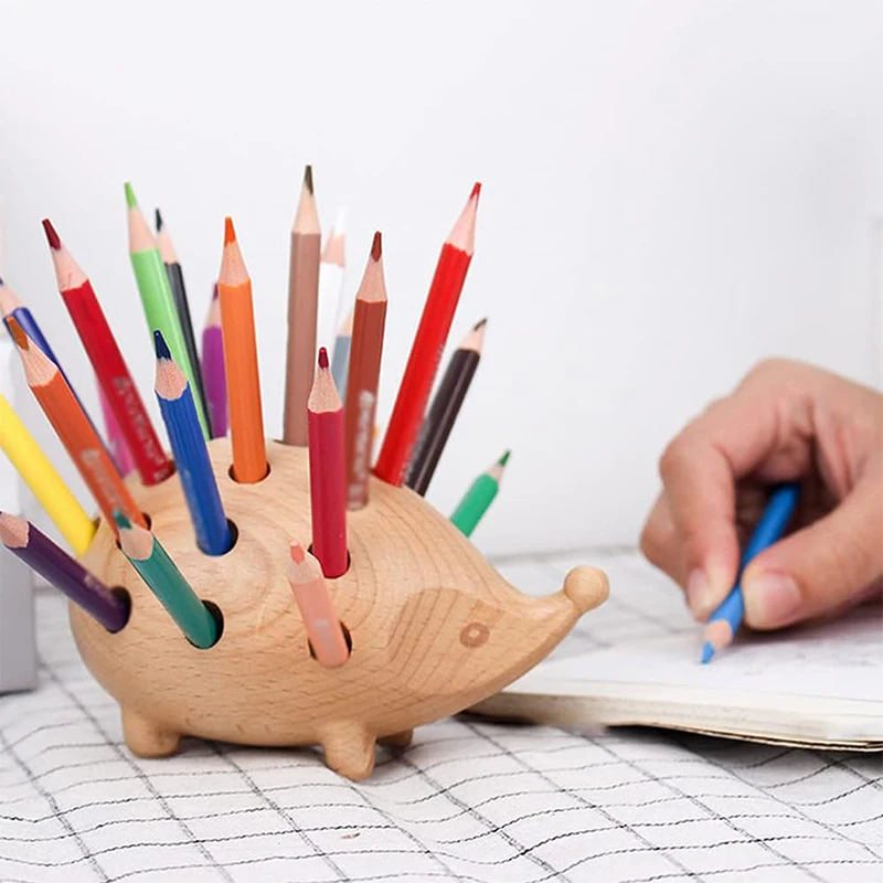 

Hedgehog Pen Holder Creative Animal 24-hole Pencil Rack Wooden Pen Cup For Desk Office Desktop Stationery Cute Ornaments