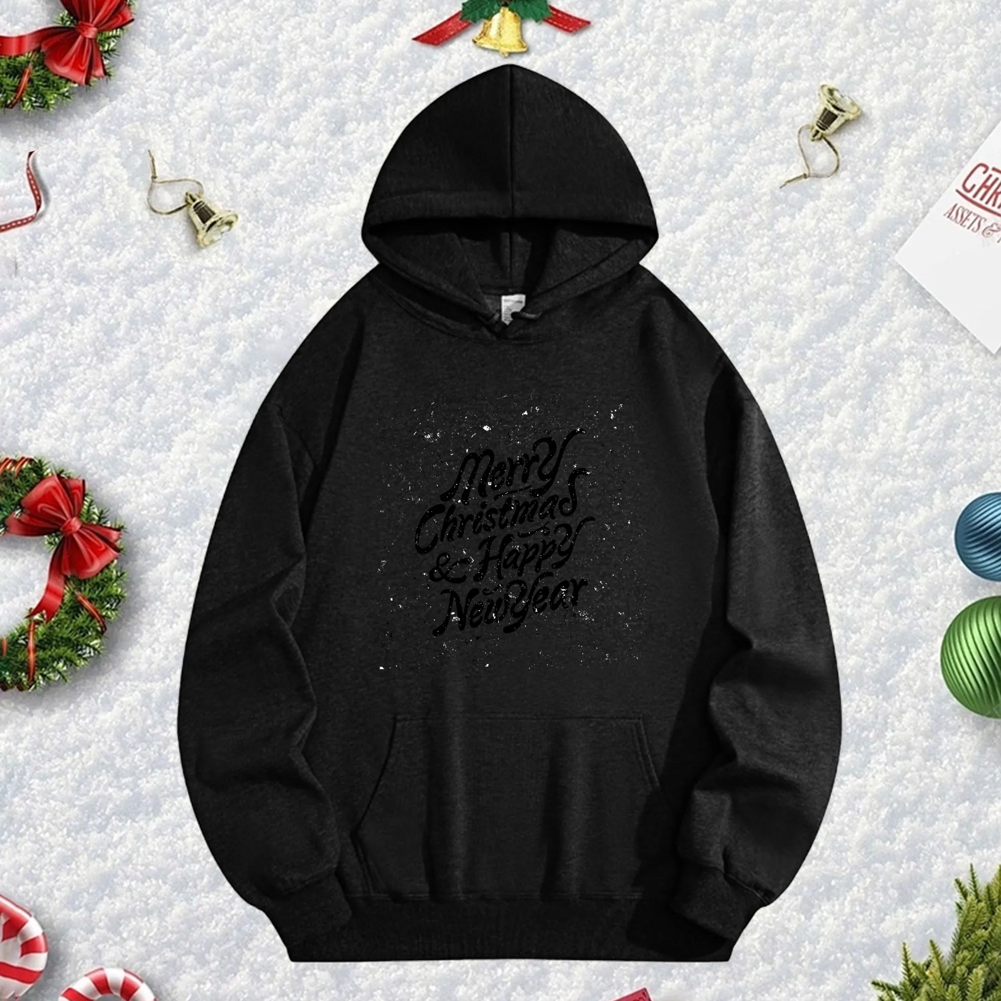 

Черная толстовка с капюшоном Merry Christmas 270G для мужчин и женщин, уютный флисовый пуловер большого размера на осень/зиму, Рождество, Новый год