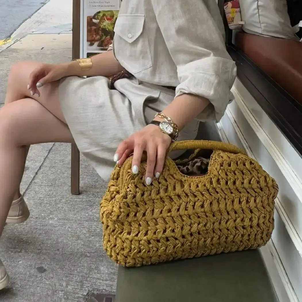 26 Elegant Ladies Chain Woven Handbag Straw Shoulder Bag Fashionable Raffia Crossbody Beach Bag Summer New Versatile Women's Bag