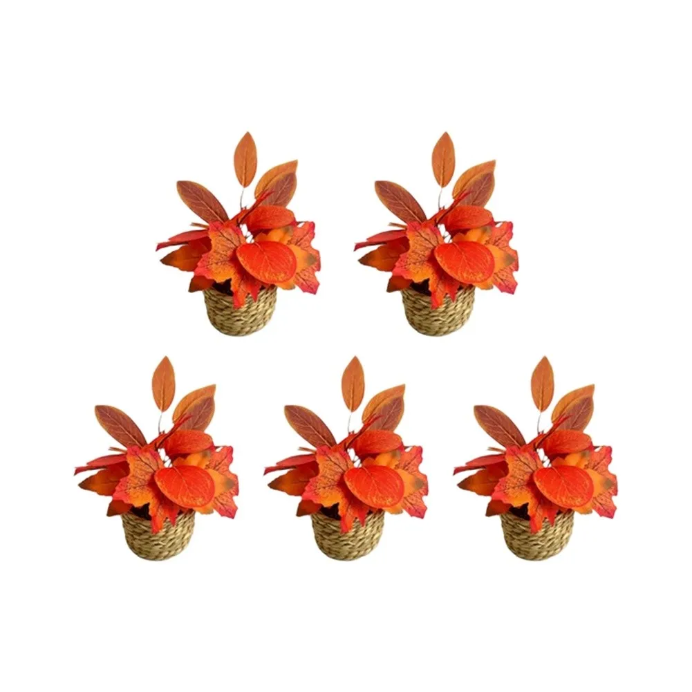 5 Pack Orange Faux Maple Leaf Pots Silk Flowers for Table Centerpiece Mantel Shelf Decor Warm Seasonal Ambience