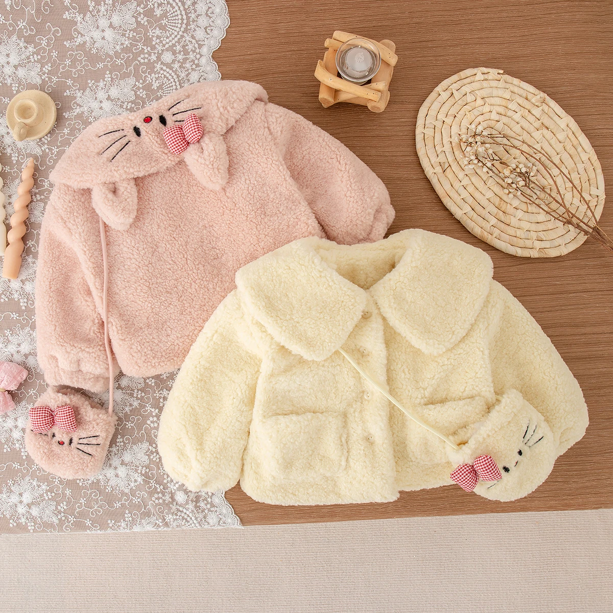 

Girls Birthday Party Costume Cute Doll Collar Button Plush Long Sleeved Coat with Bag Autumn Winter Baby Girl Pink Coat