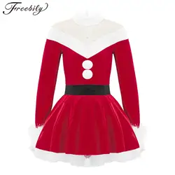 Kids Girls Christmas New Year Party Dance Dress Ballet Figure Skating Stage Show Costume Long Sleeve Mesh Patchwork Leotard Tutu