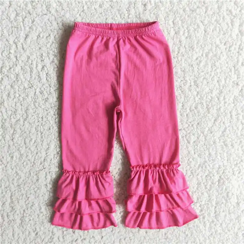 New Fashion Children Baby Girls Solid Sky Rose Red Three-layer Ruffle Trousers Wholesale Boutique Children RTS