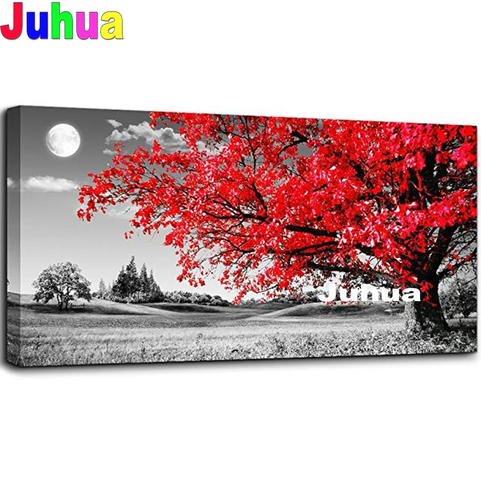 الماس اللوحة شجرة حمراء الماس التطريز الحفر المستديرة الكاملة 5d diy فسيفساء لغز 3d عبر غرزة ، حجر الراين صور المناظر الطبيعية