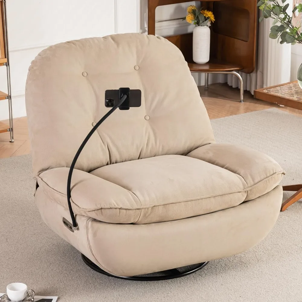 Recliner Sofa Chair Swivel Glider Rocking Chair with Charging Ports, Stereo Sound, Cellphone Holder and Pillow (Camel, Fabric)