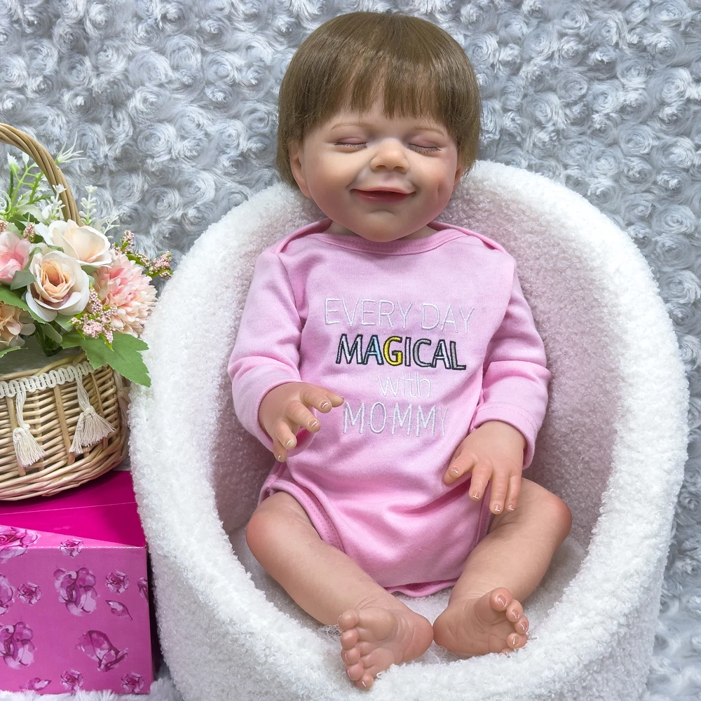 18 Inch Vinyl Reborn Baby Doll, Pink Outfit, Cute Smile, Exquisite Facial Features, Realistic Skin & Hair, Posable Body,