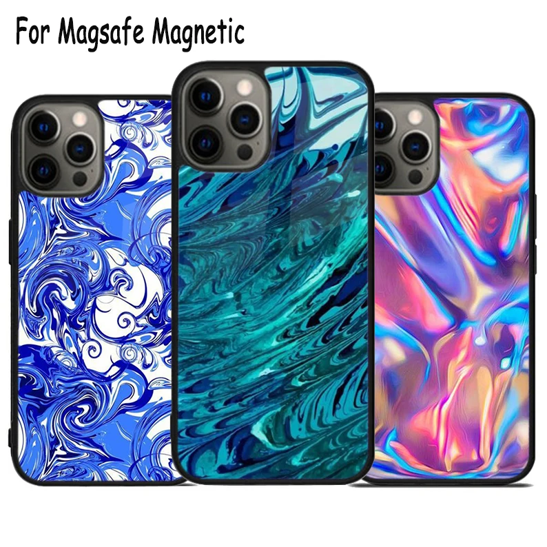 

Волнистый синий цветной водонепроницаемый чехол Magsafe для телефона с беспроводной зарядкой для iPhone 15 16 14 13 11 12 Pro Max Plus, магнитный чехол-бампер