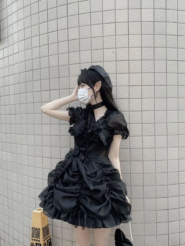 Lolita Women Summer Crop Blouse Y2k Sweet Bandage JK Blusas Capes Cosplay Harajuku Ruffled Puff Sleeve Shirt Kawaii Mujer