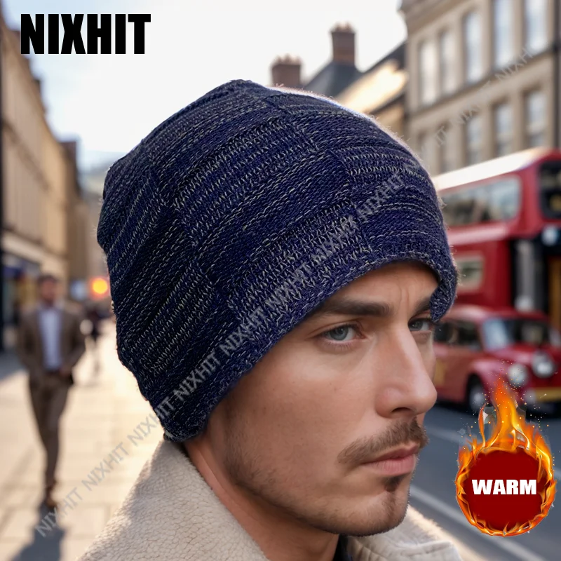 

NIXHIT New Plus Velvet Thicken Knitted Beanie Warm Skullies Beanies Men Winter Hat Women Knitted Hats Casual Riding For Men Cap