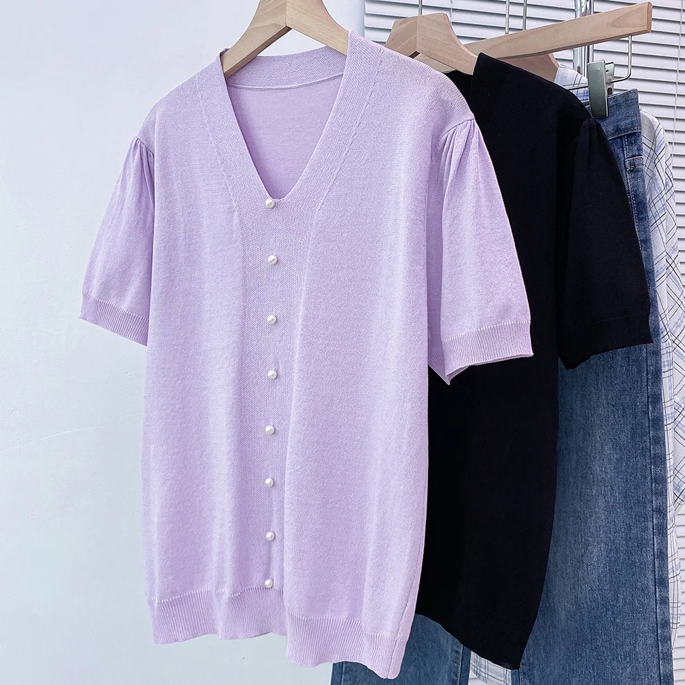 

Women Summer Sweater V-Neck Beading Knit Pullover Solid Versatile T-shirt Thin Worn Outside Design Bubble Short Sleeved Tops