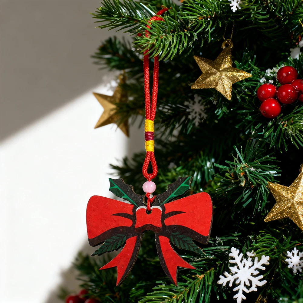 8cm Festive Red Bow Shape Wooden Pendant Cute Style Garden Home Furnishings Christmas Tree Holiday Gathering Hanging Ornament