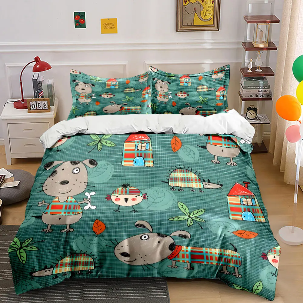 Cartoon animals and houses pattern Print Bedding Set 1 Duvet Cover 2 Pillowcases for Adult and Children Luxury Gift Full Size