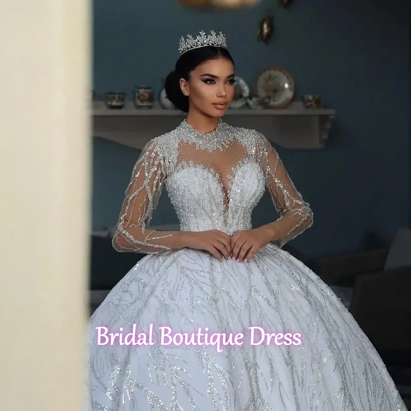 Customized Luxury Ball Gown Wedding Dress For Women Bridal Gown High Collar Sweep Train Long Sleeves Backless Dresses  Vestido