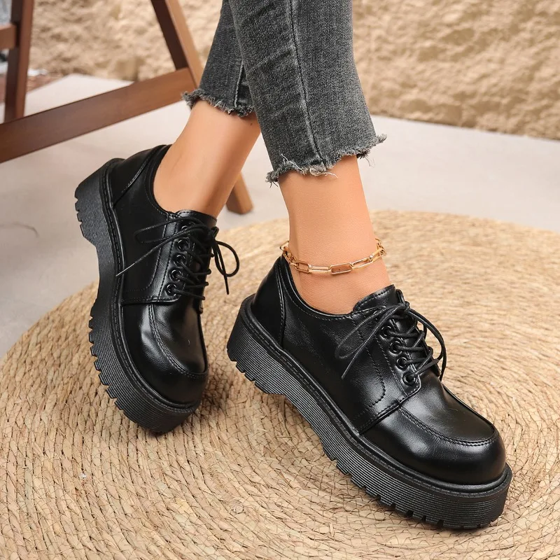 

Женские лоферы, новые универсальные туфли на платформе со шнуровкой и круглым носком в британском стиле в стиле ретро