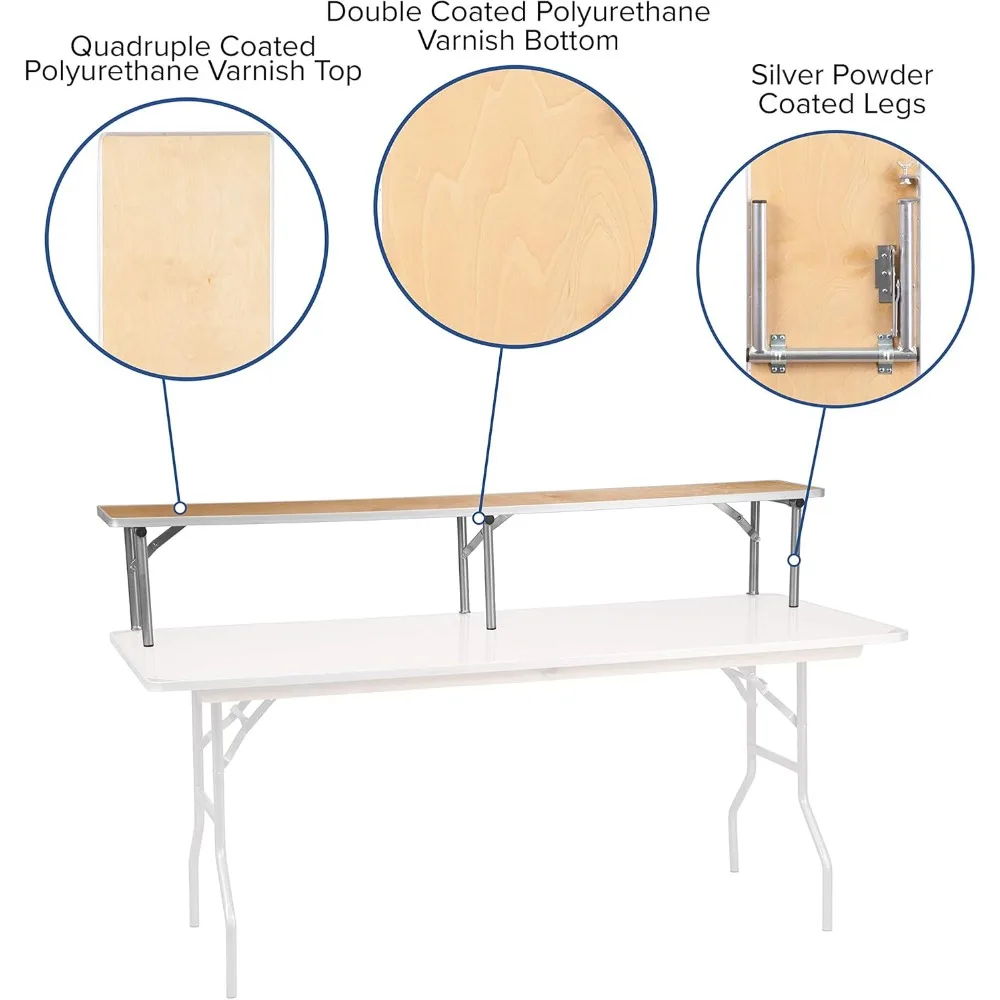 72" X 12" X 12" Birch Bar Counter Riser with Folding Silver Legs, Wooden Foldable Portable Riser