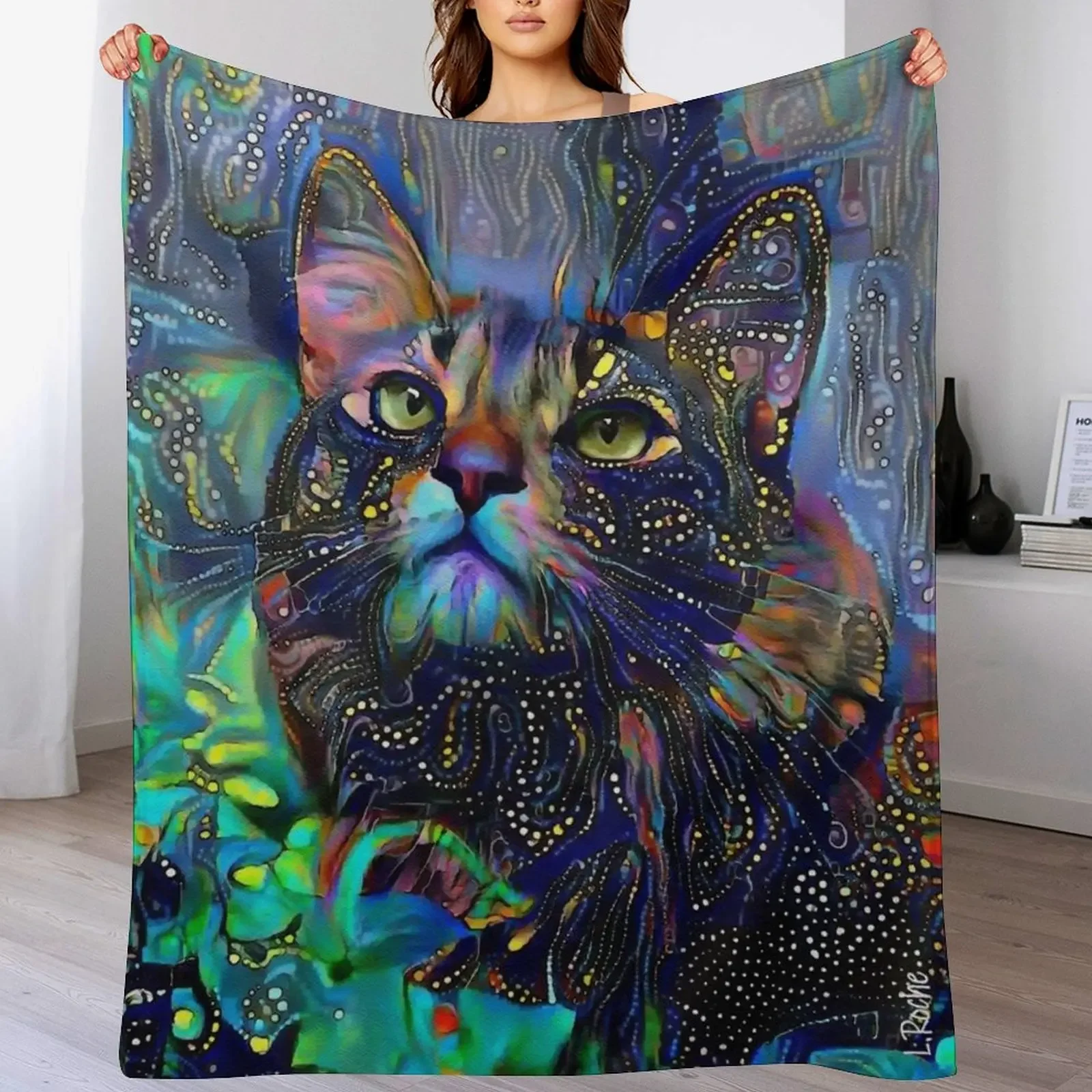 Couverture décorative Melizza, cat, cat, chat, lea roche paintings, couverture chaude, cadeau pour anniversaire