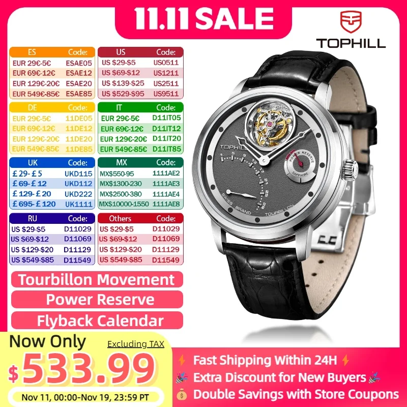 

Мужские часы TOPHILL с турбийоном, мужские роскошные часы с автоматическим механизмом, водонепроницаемое сапфировое стекло