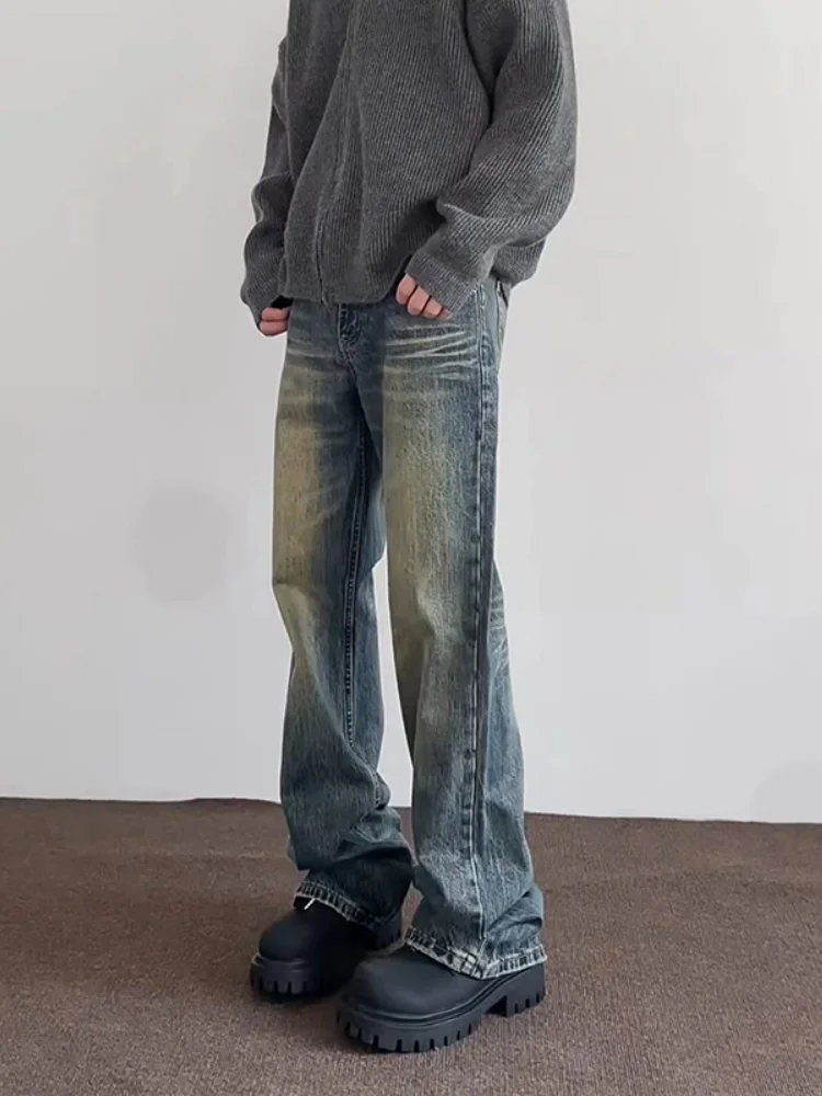 

Retro Blue Men's Jeans High Street Hip Hop Waed Outdated Trendy Design adient Straight Leg Long Pants Wide Leg Jeans